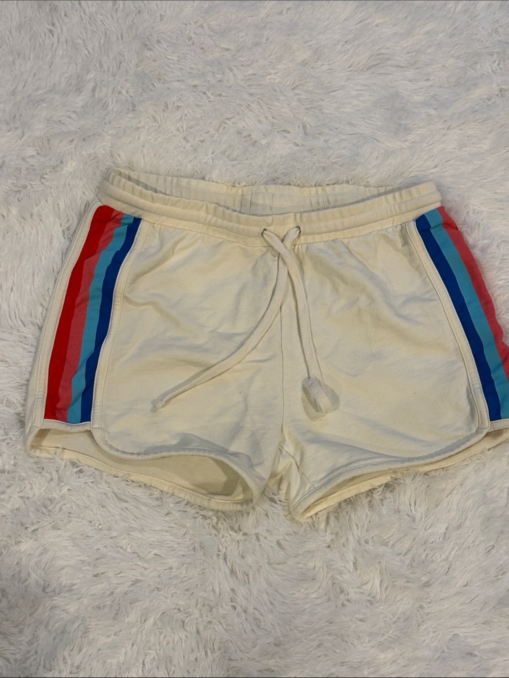 J. Crew Cream Athletic Shorts with Red and Blue Side Stripes